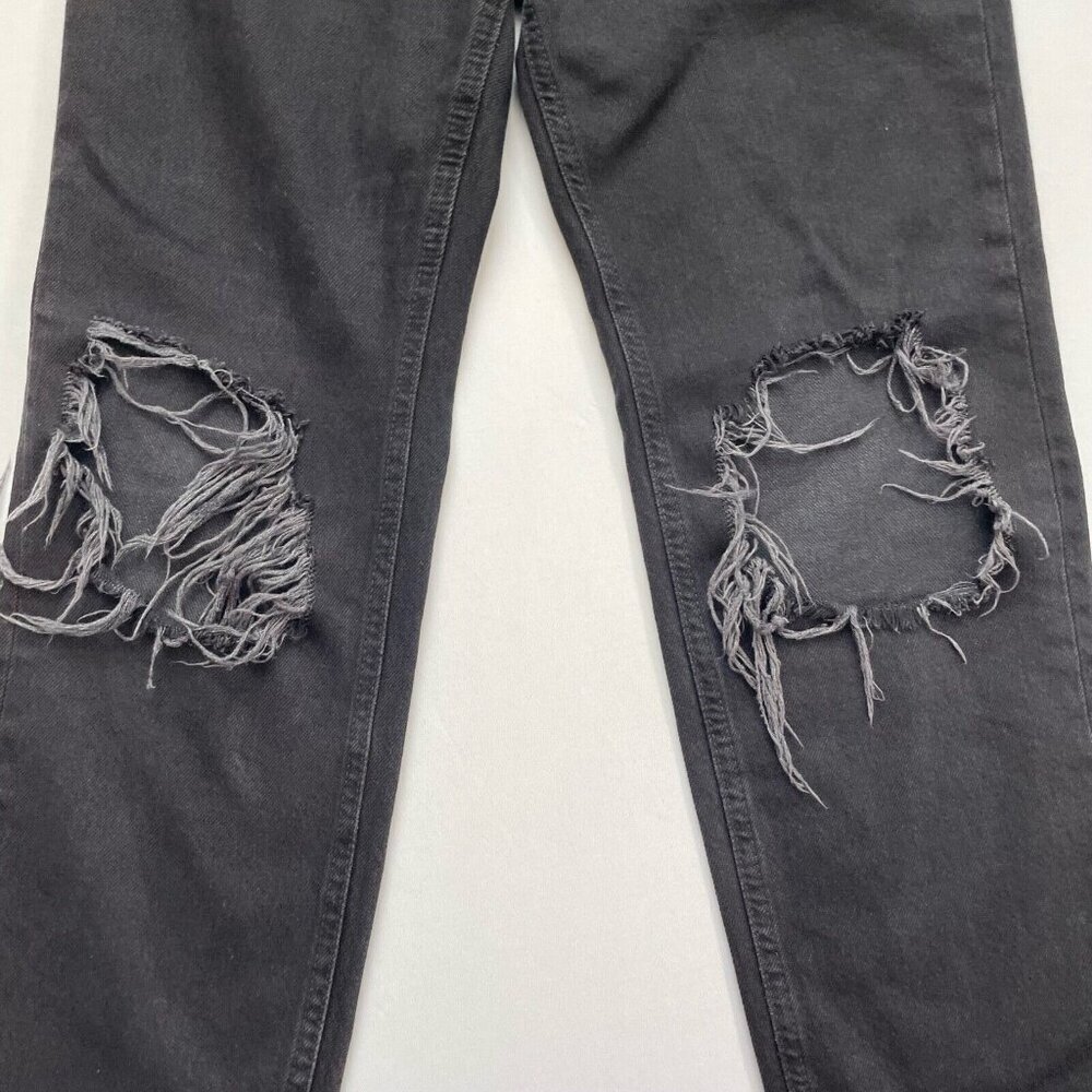 Free People Destroyed Straight Jeans 25 Distressed Black Denim High Rise Raw Hem - Picture 8 of 12